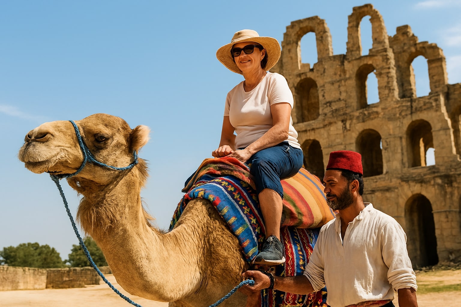 El Jem Camel Ride, local scene in central Tunisia linked to the ancient city and its cultural heritage