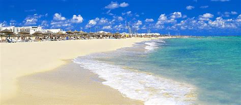 Hammamet beaches, 12 km of fine sand and turquoise waters, known for hotels and seaside atmosphere