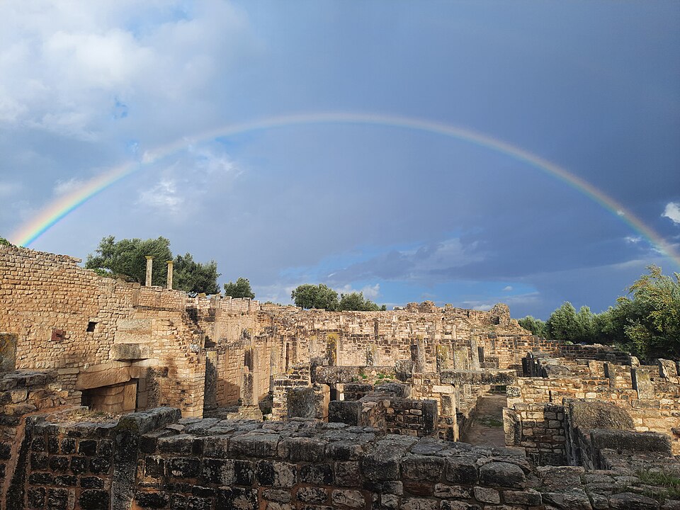Dougga, panoramic view of the Roman theatre and capitol, UNESCO-listed archaeological and cultural heritage