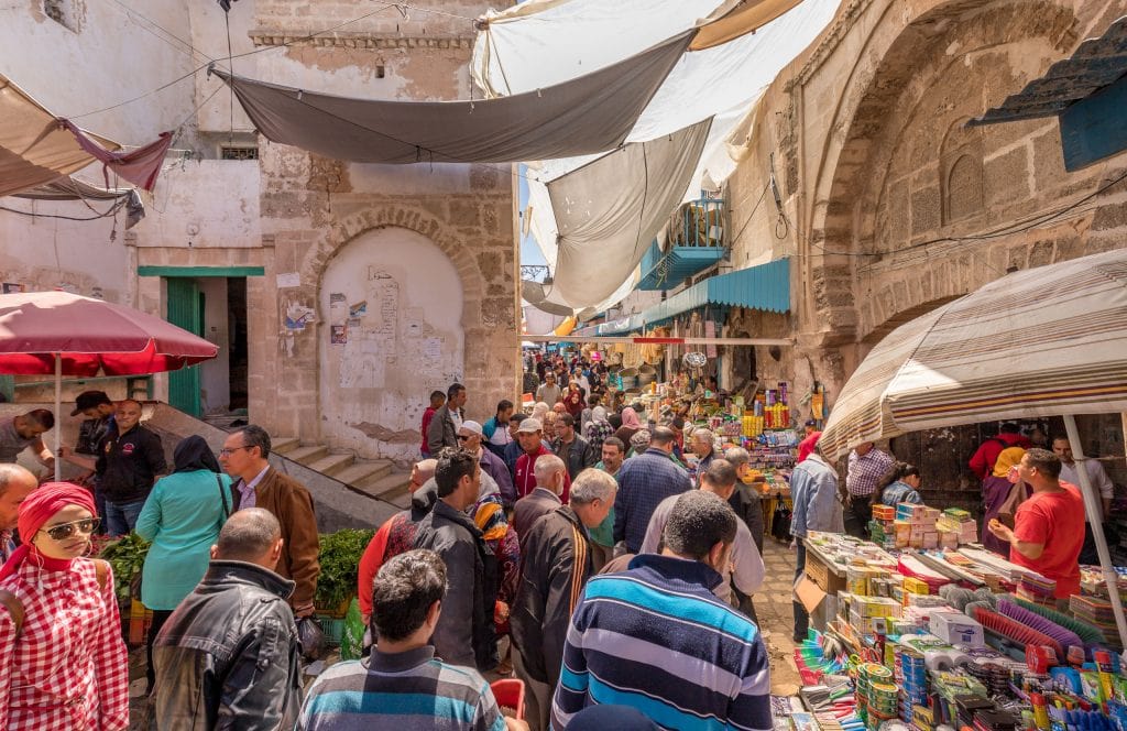 El Jem souk, popular market in central Tunisia, known for its diverse goods and lively city center vibe