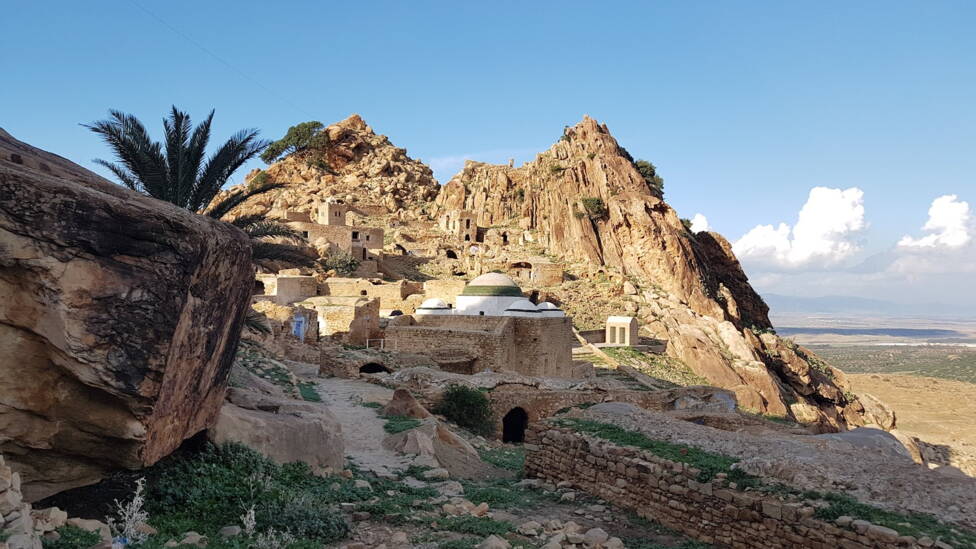 Zriba Olia, abandoned Berber village near Zaghouan, picturesque ruins between two rocky peaks